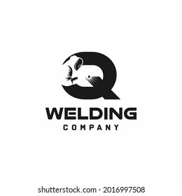 Letter Q welding logo, welder silhouette working with weld helmet in simple and modern design style