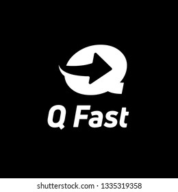Letter Q white logo with negative space arrow logo for business, transportation, delivery company isolated on black background. - Vector Illustration