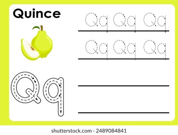 Letter q worksheet with quince. Alphabet Tracing Activity Workbook in Colorful Cute Illustrative Style