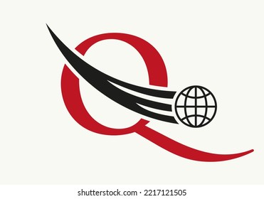 Concepto del logotipo de la carta Q con plantilla de vectores de iconos globales en movimiento