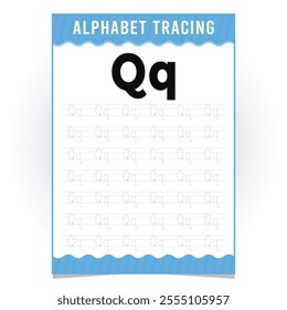 letter Q for writing practice. English alphabet tracing practice worksheets, educational letters dot tracing pattern For children in kindergarten