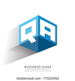 Letter QA logo in hexagon shape and blue background, cube logo with letter design for company identity.
