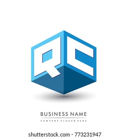 Letter QC logo in hexagon shape and blue background, cube logo with letter design for company identity.
