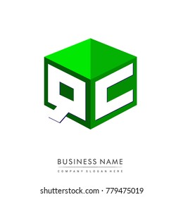 Letter QC logo in hexagon shape and green background, cube logo with letter design for company identity.
