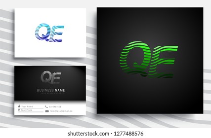 Letter QE logotype with colorful circle, with striped composition letter, sets of business card for company identity, creative industry, web.