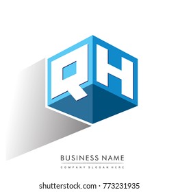 Letter QH logo in hexagon shape and blue background, cube logo with letter design for company identity.
