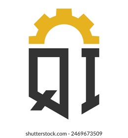 Diseño de logotipo de engranaje QI para el centro de servicio, reparación, fábrica, Industrial, negocio digital y mecánico