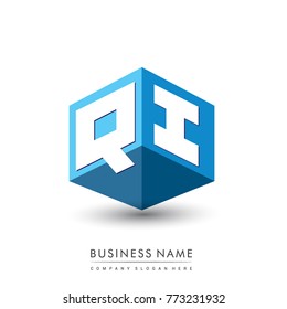 Letter QI logo in hexagon shape and blue background, cube logo with letter design for company identity.
