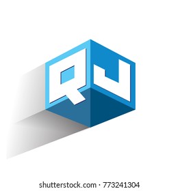 Letter QJ logo in hexagon shape and blue background, cube logo with letter design for company identity.
