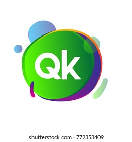 Letter QK logo with colorful splash background, letter combination logo design for creative industry, web, business and company.
