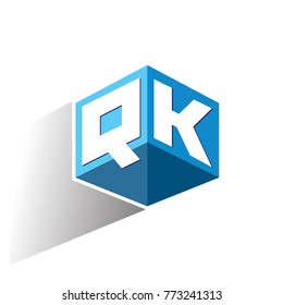 Letter QK logo in hexagon shape and blue background, cube logo with letter design for company identity.
