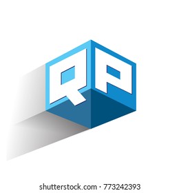 Letter QP logo in hexagon shape and blue background, cube logo with letter design for company identity.
