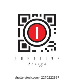 Letra I con código QR y diseño de logotipo de código de barras. Logo redondeado en círculo sobre fondo blanco