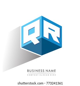 Letter QR logo in hexagon shape and blue background, cube logo with letter design for company identity.
