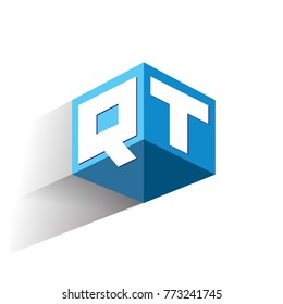 Letter QT logo in hexagon shape and blue background, cube logo with letter design for company identity.
