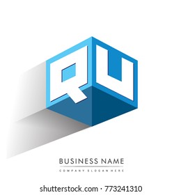 Letter QU logo in hexagon shape and blue background, cube logo with letter design for company identity.

