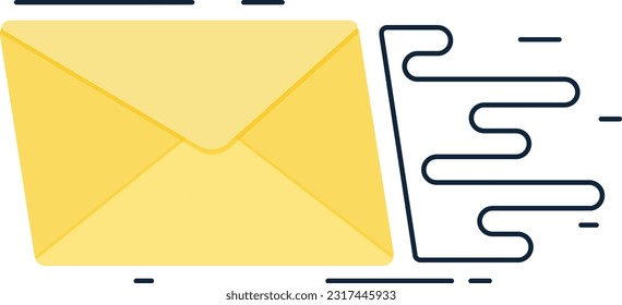 The letter quickly flies to its recipient. Flat style. The letter is paper and the lines are blue. 
