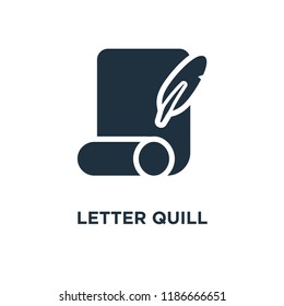 Letter Quill icon. Black filled vector illustration. Letter Quill symbol on white background. Can be used in web and mobile.