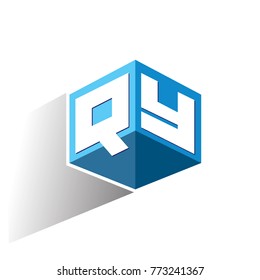 Letter QY logo in hexagon shape and blue background, cube logo with letter design for company identity.
