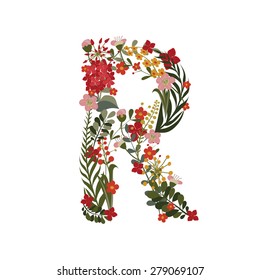 Letter R - 18 letter of the alphabet. Vector hand-drawn monogram composed of flowers, branches and leaves on a white background.