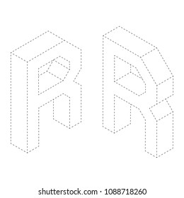 Letter R 3D isometric black and white alphabet font worksheet. coloring page for children education. connect the dots and restore dashed line game. Vector illustration.