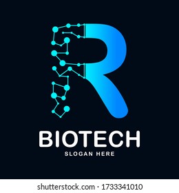 Letter R abstract biotech icon vector template logo. Suitable for biotechnology molecule atom DNA chip symbol, Medicine, science, technology, laboratory, electronics logotype