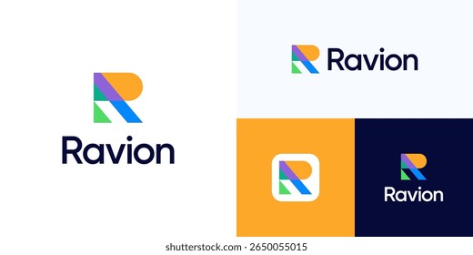 Letter R abstract geometric multicolor logo icon design vector illustration, Unique symbol initial alphabet sign with overlapping colorful minimalist style for technology and brand identity