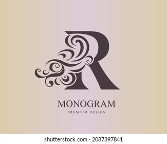 Letra R. Resumen Monograma. Curlos caligráficos, similares al viento o al pelo rizado. Diseño del logotipo de arte creativo. Plantilla elegante para nombre de marca, tarjeta de visita, Boutique, Salon, Etiqueta. Ilustración vectorial