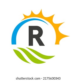 Letter R Agriculture Logo Vector Template. Agriculture Logo Concept with Green Field and Bright Sun Element