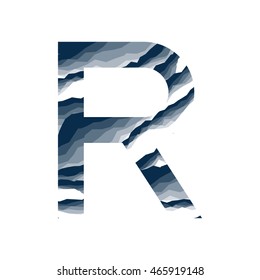 The letter R, in the alphabet abstract background marble, bark, mountain, stone layer  set dark blue shade color isolated on white background
