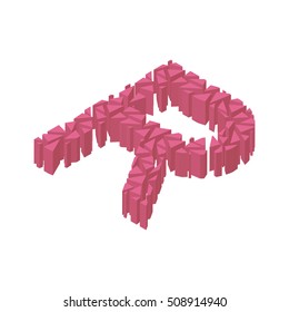 The letter R, in the alphabet broken 3d perspective isometric set pink color isolated on white background