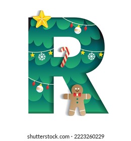 Letter R Alphabet Font Cute Merry Christmas Concept Star Candy Cane Gingerbread Man Christmas Tree Character Font Christmas Element Cartoon Green 3D Paper Layer Cutout Card Vector Illustration