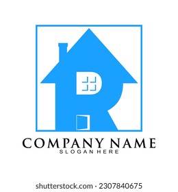 Letter R alphabet with home property vector logo