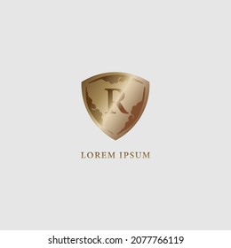 Letter R alphabet logo design template isolated on light gray background. Luxury gold decorative shield sign illustration. Security, protection logo concept. Initial abjad company logo