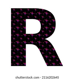 letter R of the alphabet made with a pattern of pink fuchsia flowers on a black background, isolated on white background, vector. with colors pink, red, purple, black and white