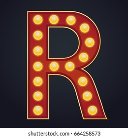 Letter R alphabet sign marquee light bulb vintage carnival or circus style ,Vector illustration