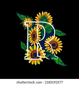 Letter R in Alphabet With Summer Themed Sunflower Illustration