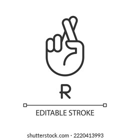 Letter R in American sign language pixel perfect linear icon. Connecting gestures. Communication. Thin line illustration. Contour symbol. Vector outline drawing. Editable stroke. Arial font used
