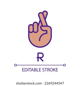 Letter R in American sign language pixel perfect RGB color icon. Connecting gestures. Communication. Isolated vector illustration. Simple filled line drawing. Editable stroke. Arial font used