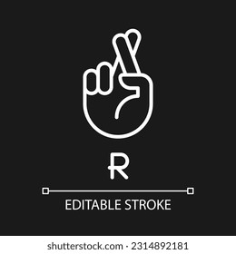 Letter R in American sign language pixel perfect white linear icon for dark theme. Connecting gestures. Thin line illustration. Isolated symbol for night mode. Editable stroke. Arial font used