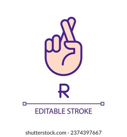 Letter R in American sign language pixel perfect RGB color icon. Connecting gestures. Communication. Isolated vector illustration. Simple filled line drawing. Editable stroke. Arial font used