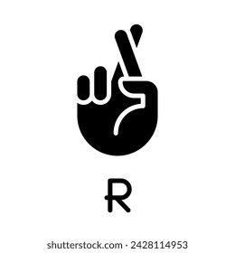 Letter R in American sign language black glyph icon. Connecting gestures to show words. Communication. Silhouette symbol on white space. Solid pictogram. Vector isolated illustration