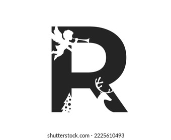 letter r and angel  deer   christmas tree  holiday initial letter for Christmas   New Year design  isolated vector image in simple style