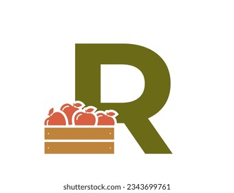 letter r with apple crate. fruit and organic food alphabet logo. gardening and harvest design. isolated vector image