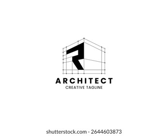 Carta R Logotipo do arquiteto para a arquitetura, construção e empresa imobiliária. Design de logotipo de monograma de arquiteto