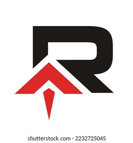 Letter R with arrow, flat simple design.