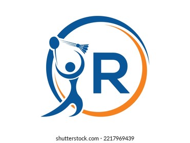 Letter R Badminton Logo Concept With Moving Badminton Icon. Badminton Sports Logotype Symbol Vector Template.