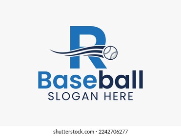 Carta R Concepto de logotipo de béisbol con plantilla de icono de béisbol en movimiento