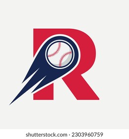 Letter R Baseball Logo Concept With Moving Baseball Icon Vector Template