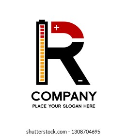 Letter R battery vector logo template. Alphabet graphic with current positive and negative symbol. Black, red and yellow color. This logo is suitable for electric, technology, power and energy supply.